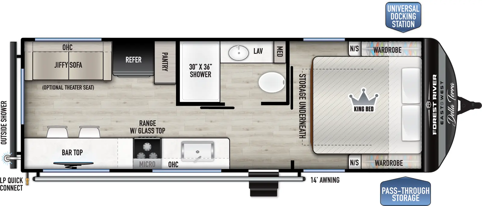 The Della Terra 200RD floorplan has one entry and zero slide outs. Exterior features include: metal exterior and 14' awning. Interiors features include: front bedroom.